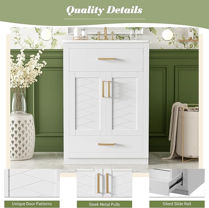 Merax Herringbone Single Sink Bathroom Vanity, Freestanding 24" Modern Bathroom Vanity Storage Cabinet with 2 Drawers and 2 Doors, Solid Wood Frame