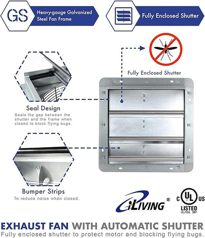 iLiving 12-Inch Wall Mounted Exhaust Fan with Variable Speed, 960 CFM, 1400 SQF Coverage Area, Silver