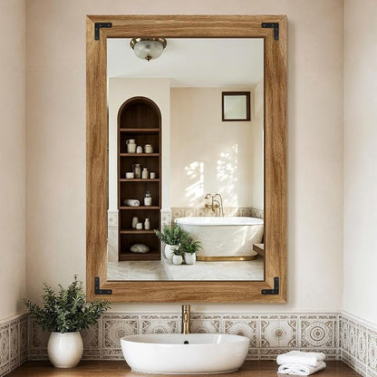 Bathroom Mirror for Wall, 28" x 40" Wooden Vanity Mirror | Solid Wood Frame, Rustic Farmhouse Style, Shatterproof Glass, for Bedroom, Living Room, Entryway Decor, Vertical/Horizontal