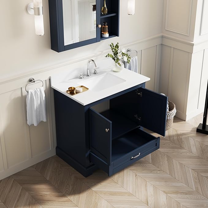 WELLFOR 36" Bathroom Vanity with Sink, Bathroom Freestanding Vanity W/ 2 Soft-Close Doors and 1 Soft-Close Drawers, Bathroom Cabinet Vanity with Cultured Marble Countertop (Navy Blue)