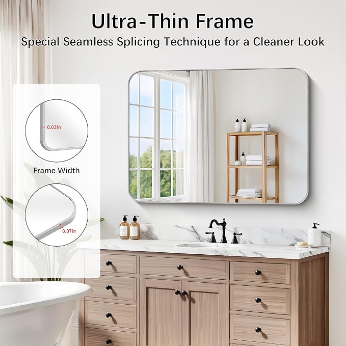 DESBING 40"x30" Bathroom Mirror for Over Sink, Silver Framed Wall Mirror | High-Definition Shatterproof Vanity Mirror with Rounded Corner for Bedroom Living Room Entryway Horizontally or Vertically