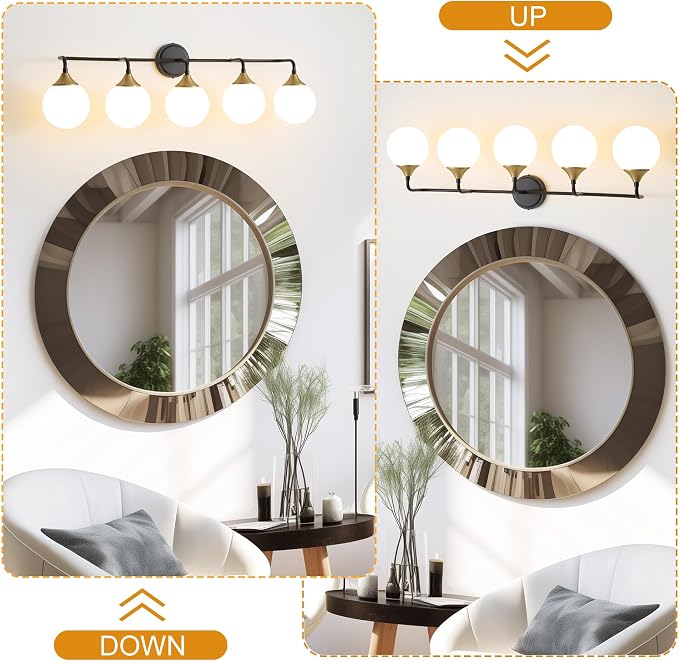 Black Gold Bathroom Light Fixtures Over Mirror Vanity 5-Light | Mid Century Modern Matte Black Gold Wall Sconce with Milky White Glass Ball Shades for for Bathroom Dressing Table Bedroom