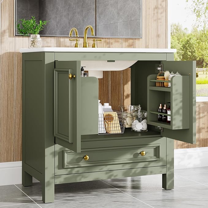 Tribesigns 30" Modern Bathroom Vanity with Sink, Freestanding Bathroom Vanities Cabinet with Ceramic Basin Combo, Bathroom Sink Cabinet with 2 Doors and 1 Drawer, Solid Wooden Frame, Olive Green