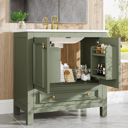 Tribesigns 30" Modern Bathroom Vanity with Sink, Freestanding Bathroom Vanities Cabinet with Ceramic Basin Combo, Bathroom Sink Cabinet with 2 Doors and 1 Drawer, Solid Wooden Frame, Olive Green