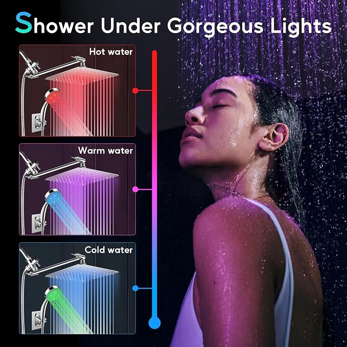 LED Shower Head, 12" LED Shower Head with Color Changing Lights Handheld | High Pressure Rainfall Shower Head Combo, Chrome Stainless Steel & 11" Flexible Curved Arm, 60" Hose