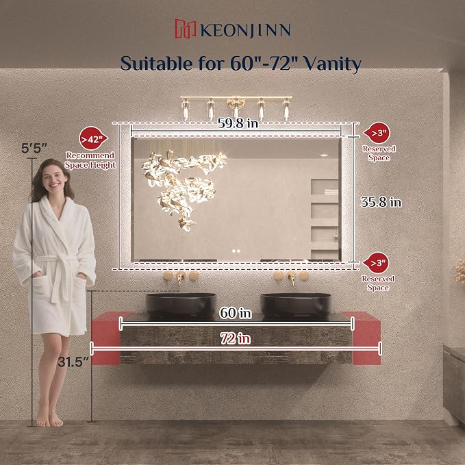 Keonjinn 60" x 36" Oversized Backlit Bathroom Mirror, Safe Tempered Glass | Beveled Edge, Dimmable 3 Color Lights, Quick Defogging, Smart Memory Function, French Cleat, LED Bathroom Mirror with Lights