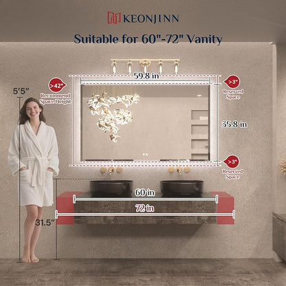Keonjinn 60" x 36" Oversized Backlit Bathroom Mirror, Safe Tempered Glass | Beveled Edge, Dimmable 3 Color Lights, Quick Defogging, Smart Memory Function, French Cleat, LED Bathroom Mirror with Lights