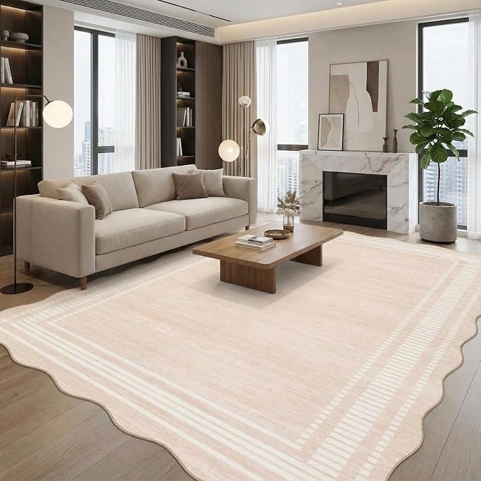 GarveeHome Washable Scalloped Rug 9x12 Rugs for Living Room Stain Resistant 9x12 Area Rugs for Bedroom, Non Slip Solid Printed Large Rug for Under Table Farmhouse Nursery Home Office Dorm, Beige