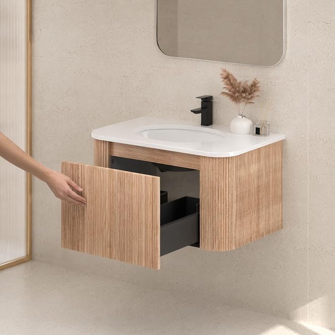 30 Inch Wall Mounted Bathroom Vanity with Ceramic Sink, Pre-Assembled Floating Vanity Cabinet with Marble Countertop, Wave Texture Finish & Drawer, Wood