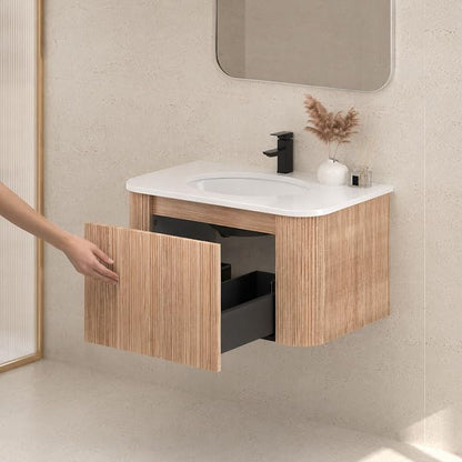 30 Inch Wall Mounted Bathroom Vanity with Ceramic Sink, Pre-Assembled Floating Vanity Cabinet with Marble Countertop, Wave Texture Finish & Drawer, Wood