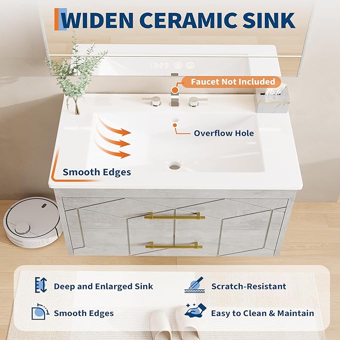 IDEALHOUSE Floating Bathroom Vanity with Sink 30 inch, Modern Bathroom Sink Cabinet, Ceramic Vanity Top, 2 Large Storage Drawers with Gold Metal Handle, Easy to Assembly, Grey