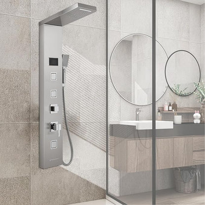 ROVOGO LED Rainfall Waterfall Shower Panel with 3 Body Jets, Handheld and Tub Spout, No Battery Needed Shower Tower with Temp Display, 304 Stainless Steel Brushed