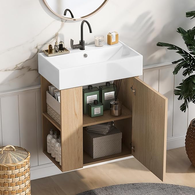 LUMISOL 21.6" Small Floating Bathroom Vanity with Sink, Wall Mounted Bathroom Vanity with One Door & Left Side Shelf, Solid Wood Narrow Bathroom Cabinet with Ceramic Sink, Natural