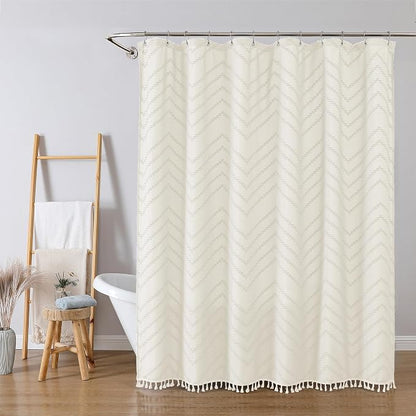 Beige Fabric Shower Curtain, Boho Shower Curtains for Bathroom Chic Tufted Chevron Striped Textured with Tassel, Soft Hotel Style Farmhouse, Machine Washable, 72x78, Beige