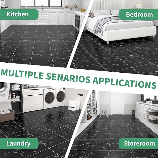 40-Pack Peel and Stick Floor Tiles Vinyl Floor 12 x 12 inch Self Adhesive Waterproof Flooring Planks DIY for Bathroom, Kitchen, Living Room, RV, Cover 40 Sq. Ft, Black Vein Marble