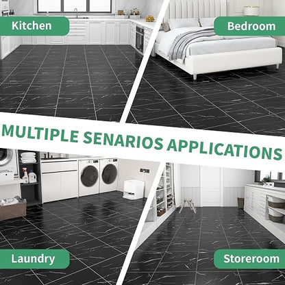 40-Pack Peel and Stick Floor Tiles Vinyl Floor 12 x 12 inch Self Adhesive Waterproof Flooring Planks DIY for Bathroom, Kitchen, Living Room, RV, Cover 40 Sq. Ft, Black Vein Marble