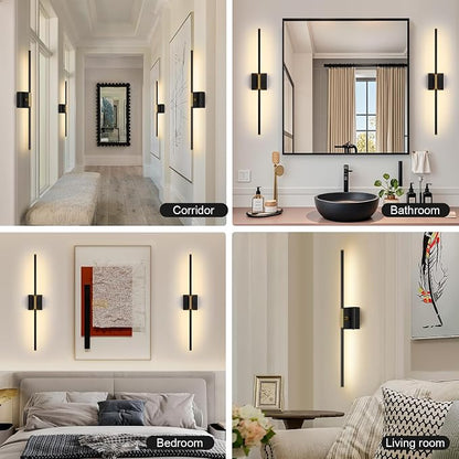 Wall Sconces Set of Two with Remote Control 29.1 in Dimmable Black Gold Battery Operated Wall Lights 350° Ratation 3000K-6000K LED Wireless Rechargeable Sconce for Bathroom Living Room Bedroom