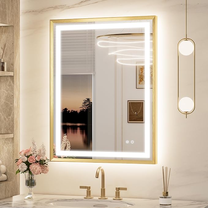 Keonjinn 28x36 Inch Gold LED Bathroom Mirror with Lights, HD Tempered Glass | Frontlit & Backlit, Lighted Bathroom Mirror, Beveled Edge, 3 Color Temperatures, Anti-fog, Stepless Dimmable