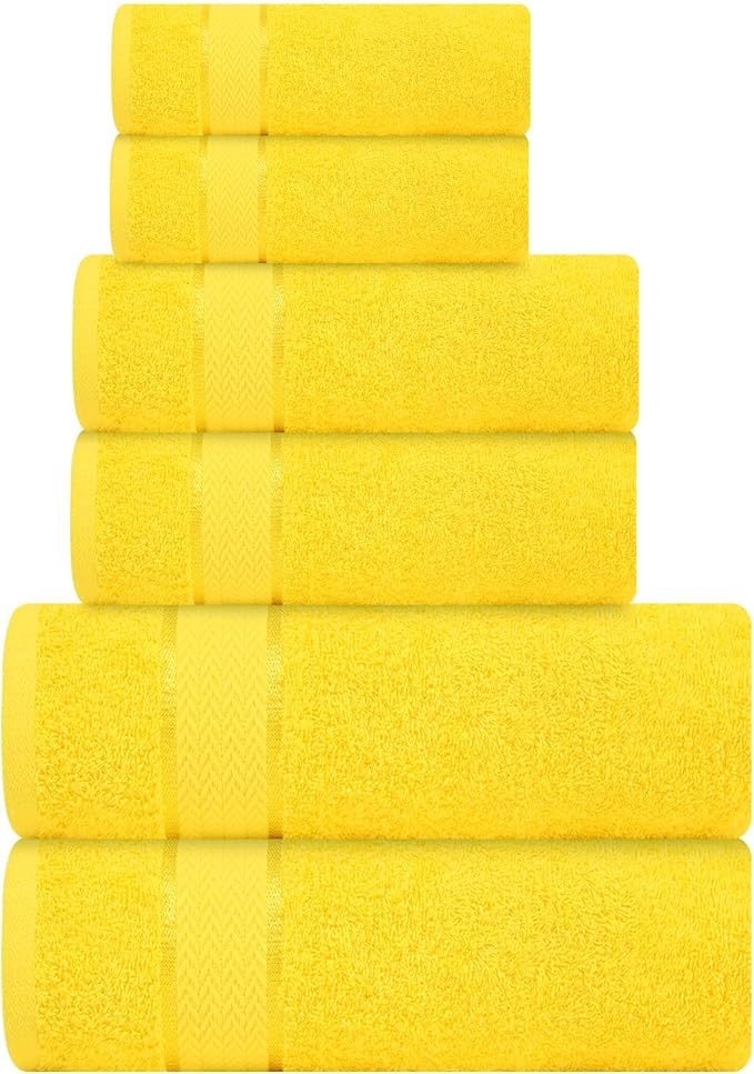 CRAFTBERRY- 6 Piece Cotton Bath Towel Set- 2 Bath - 2 Hand - 2 Face, Yellow | 100% Cotton • Thick & Plush • Hotel Quality • Ultra Soft • Highly Absorbent • Quick Dry • Low Lint • Machine Washable