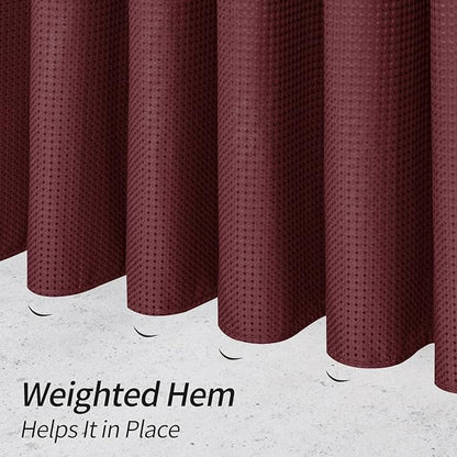 MitoVilla Burgundy Waffle Small Stall Shower Curtain 36 x 72, Half Size Fabric Narrow Shower Curtains for Bathroom Decor, Wine Red 36 inch Weighted Shower Curtain Set with Plastic Hooks