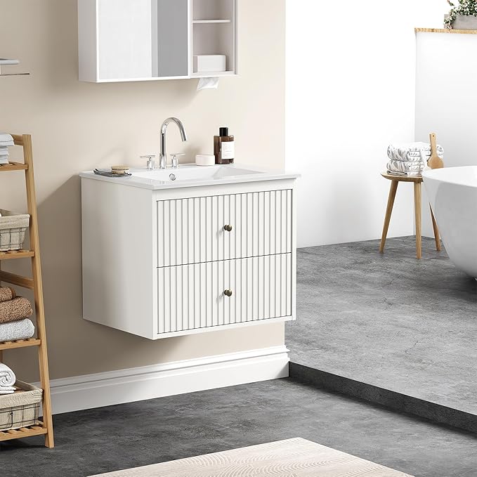RoyalCraft 24'' Bathroom Vanity with Sink Combo, Wall Mounted Floating Sink Cabinet with 2 Hidden Damping Drawers, Grooved Stripe Design Bathroom Ceramic Sink Cabinet, White