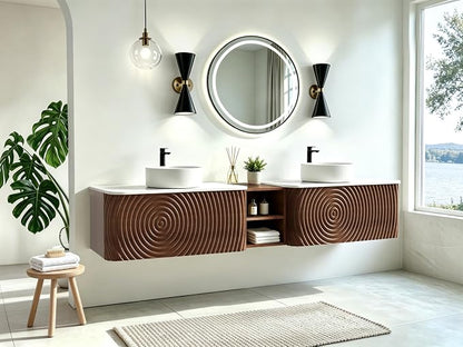 84" Floating Bathroom Vanity with Double Sink, Mid-Century Wall Mounted Bathroom Vanity Cabinet with Wood Waved Decor, Ceramic Vessel Basin, Sintered Stone Top, Soft Close Drawer, Side Open Cube