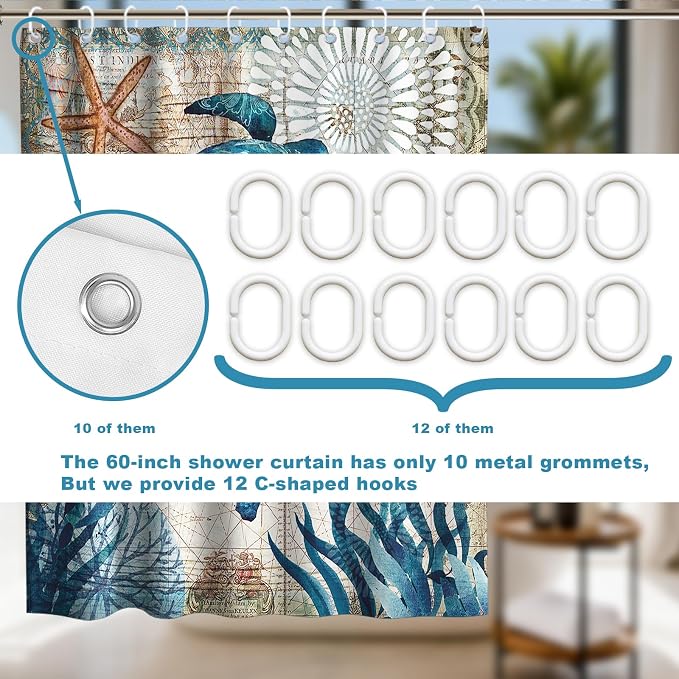Nautical Beach Ocean Shower Curtain, Cute Tropical Coastal Sea Turtles Shower Curtains for Bathroom, Waterproof Bath Curtain with Hooks Machine Washable Bathtub Curtains 60x72 Inch Blue Teal