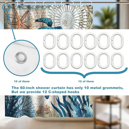 Nautical Beach Ocean Shower Curtain, Cute Tropical Coastal Sea Turtles Shower Curtains for Bathroom, Waterproof Bath Curtain with Hooks Machine Washable Bathtub Curtains 60x72 Inch Blue Teal