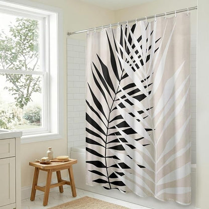 Americanflat 71x74 Botanical Shower Curtain - Water-Resistant Long Shower Curtain with Durable Metal Grommets and 12 Hooks - 100% Polyester - Black, White, and Beige