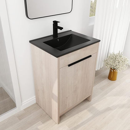 24'' Freestanding Bathroom Vanity, 24 Inch Floor Stand Bathroom Vanity with Sink, Single Black Sink Cabinet Set, Modern Storage Cabinet, with Soft Closing Door, 02424PLO+BL9060BK