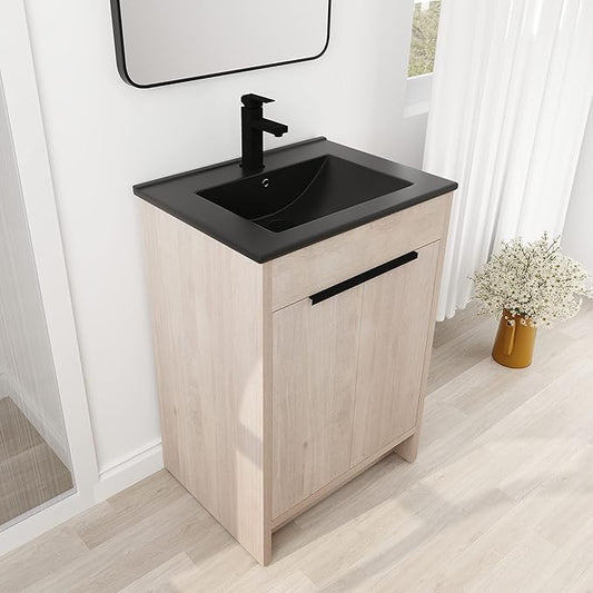 24'' Freestanding Bathroom Vanity, 24 Inch Floor Stand Bathroom Vanity with Sink, Single Black Sink Cabinet Set, Modern Storage Cabinet, with Soft Closing Door, 02424PLO+BL9060BK
