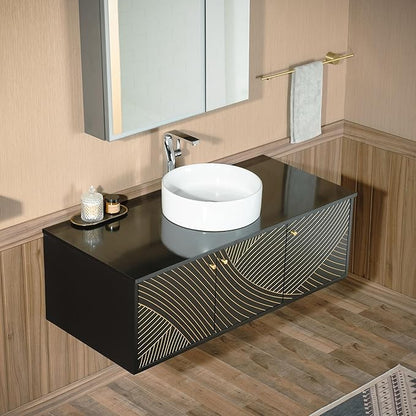 Woodbridge 48" Wall Mounted Floating Bathroom Vanity – Round Ceramic Vessel Sinks & Black Engineered Stone Top, Matte Black Lacquer Finish and Gold Accents, Space-Saving Wall-Mount Style