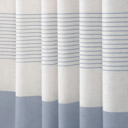 Light Blue Coastal Ocean Linen Striped Shower Curtain with Tassel 72W X 72L | Boho Farmhouse Shower Curtains with Linen Texture for Bathroom Decor