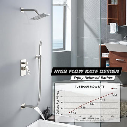SUMERAIN Brushed Nickel Shower System with Waterfall Tub Spout | Anti-scalding Pressure Balanced Cartridge, Tub Shower Faucet, 8" Rain Shower Head, Brass Hand Shower, Rough-In Valve Included