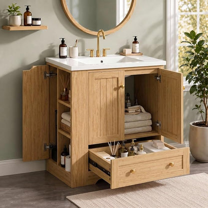IRONCK Bathroom Vanity with Ceramic Sink, 30" Bathroom Cabinet, Natural | Features a Ceramic Sink, 3 Doors, 1 Drawer and Flexible Side Storage for Organized Bathroom Storage