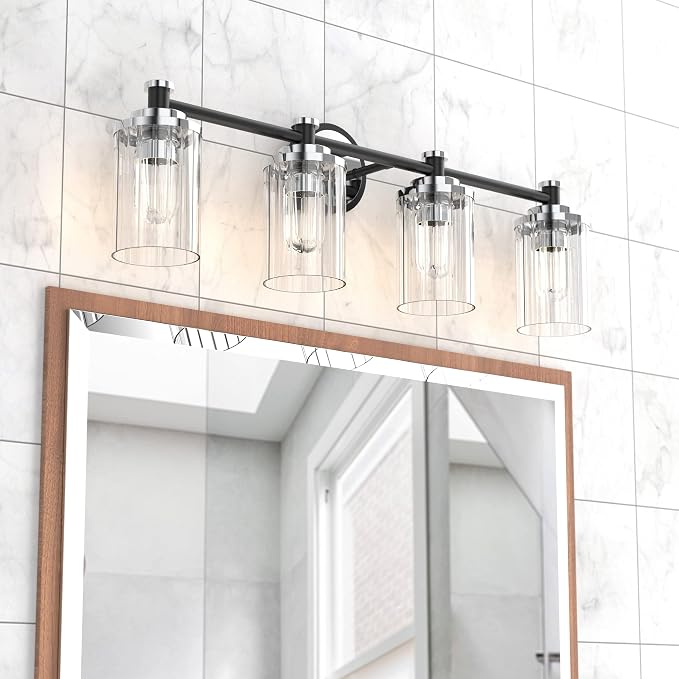 Bathroom Lighting Fixtures Black and Chrome Bathroom Vanity Light with Cylindrical Clear Stripes Glass Lampshade E26 Socket Base Bathroom Lighting Fixtures Over Mirror (4 Lights)