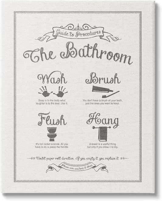 Stupell Industries Guide To Bathroom Procedures Linen Look Stretched Canvas Wall Art, Proudly Made in USA | Stupell Industries · By Lettered and Lined · Ready to hang · Clean diagram style for bathroom decor · Made in USA