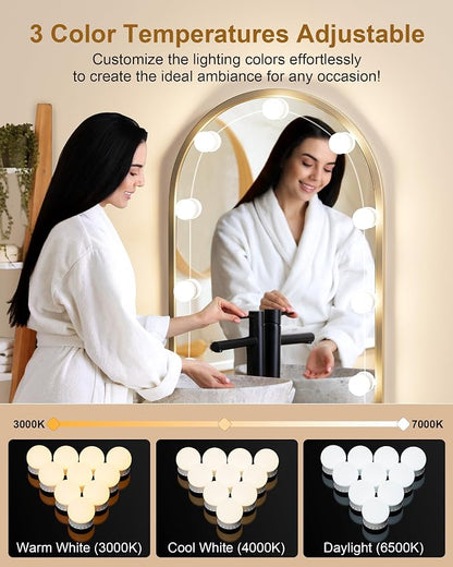 10 Bulbs LED Vanity Lights for Mirror, 3000K 4000K 6500K & 10-Brightness, Wire Length Adjustable, USB Cable, Hollywood Mirror Lights for Makeup Dressing Room Bathroom, White