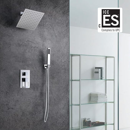 SUMERAIN Bathroom Shower System with Rain Shower and Hand Wand Chrome | 8" Stainless Steel Shower Head, Brass Rough-in Valve, Concealed Box Design, Easy to Maintain and Install