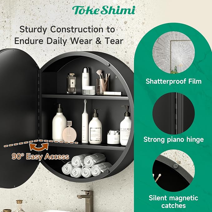 TokeShimi 20 x 20 Round Medicine Cabinet with Mirror, Black Circle Medicine Cabinet for Bathroom with Metal Frame, Detachable Shelves, Shatterproof, Surface Mount Only