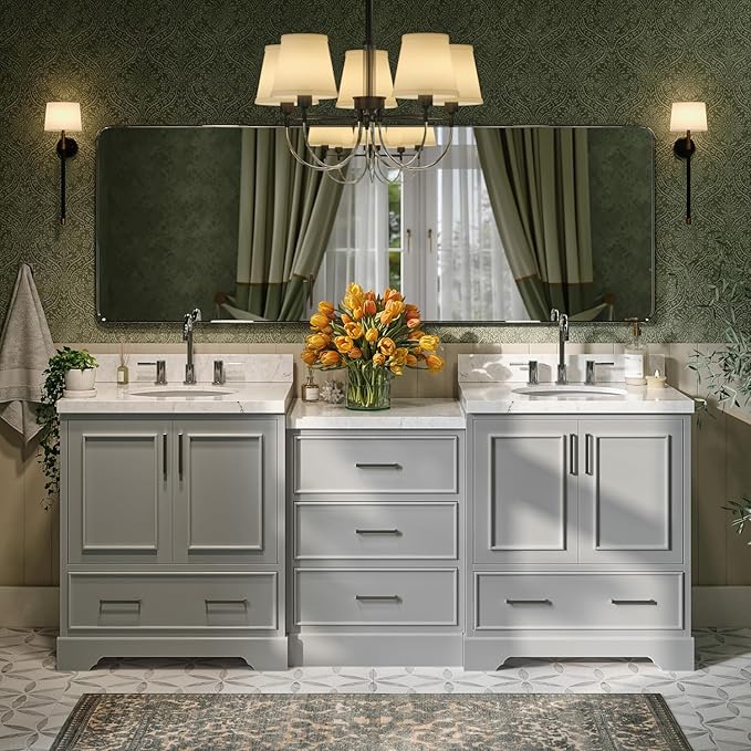 ARIEL Stafford 84-inch Bathroom Vanity with Sink,Solid Wood, 1.5in Carrara White Quartz Countertop & Backsplash, Double Oval Porcelain Sink, 4 Soft Closing Doors, 5 Dovetail Drawers, Grey