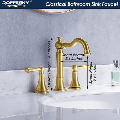 Brushed Gold Faucet Bathroom 8 inch Widespread for 3 Holes with Plastic Pop-Up Drain, Classical 2-Handle Gold Bathroom Vanity Sink Faucets, High Arc 360° Brass Swivel Spout