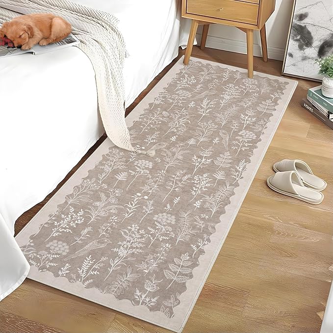 GarveeHome Washable 2x6 Runner Rugs for Bathroom Floral Kitchen Rug Neutral Scalloped Carpet, Non-Slip Hallway Rug Stain Resistant Modern Low-Pile Carpet for ‎Laundry Bedside Entryway(2x6 ft,Taupe)