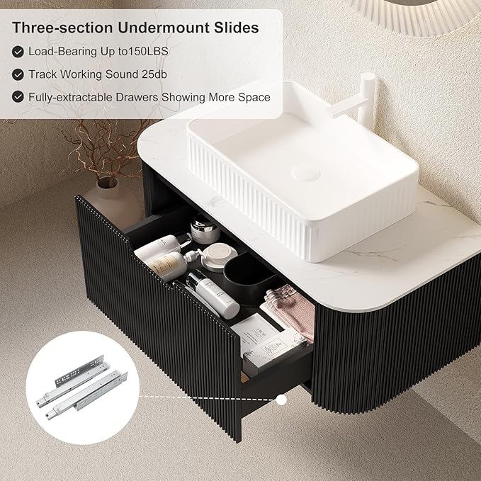 36'' Floating Bathroom Vanity with Sink, Modern Solid Wood Bathroom Vanities with Rectangular Ceramic Basin and Marble Top, Soft-Close Design, Large Storage Drawer, Pre-Assembled Cabinet, Gloss Black