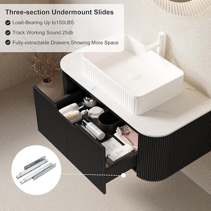 36'' Floating Bathroom Vanity with Sink, Modern Solid Wood Bathroom Vanities with Rectangular Ceramic Basin and Marble Top, Soft-Close Design, Large Storage Drawer, Pre-Assembled Cabinet, Gloss Black