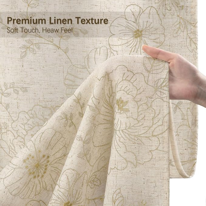 Farmhouse Floral Linen Shower Curtain, Vintage Beige Embroidered Pattern Rustic Shower Curtains for Bathroom, Tan Taupe,72x72