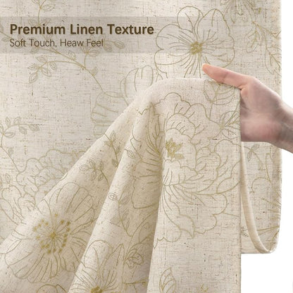 Farmhouse Floral Linen Shower Curtain, Vintage Beige Embroidered Pattern Rustic Shower Curtains for Bathroom, Tan Taupe,72x72