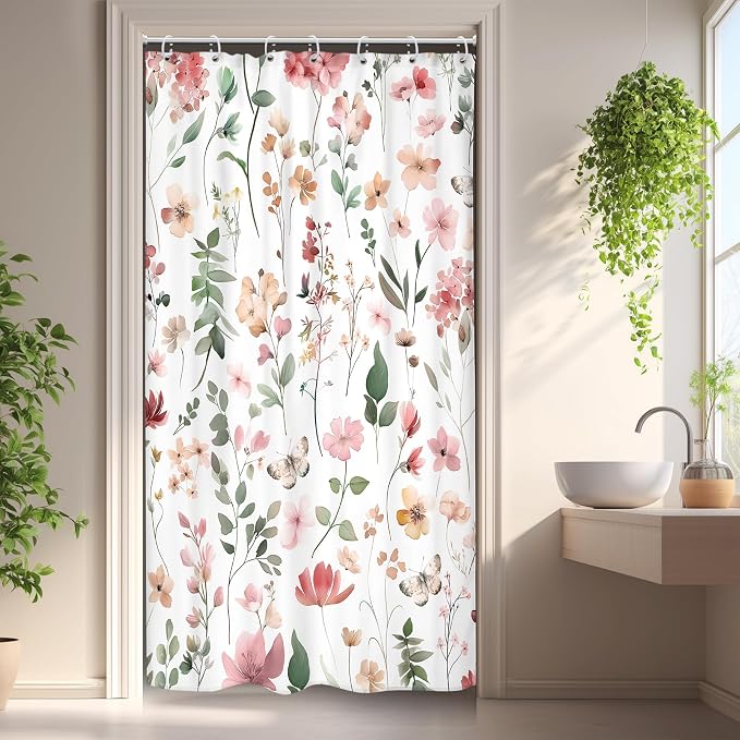 Small Stall Pink Floral Women Girls Coral Leaf Bathroom Shower Curtain Set | 36"W x 72"H Watercolor Wildflower; waterproof HD print, quick-dry fabric and plastic hooks for easy setup.