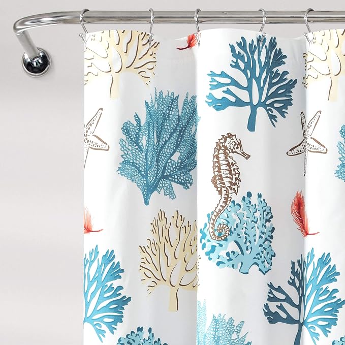Lush Decor Coastal Reef Feather Shower Curtain, 72" W x 72" L, Blue & Coral - Coastal Shower Curtain - Fabric Curtains - Ocean Bathroom Decor - Beach House - Beachy Room