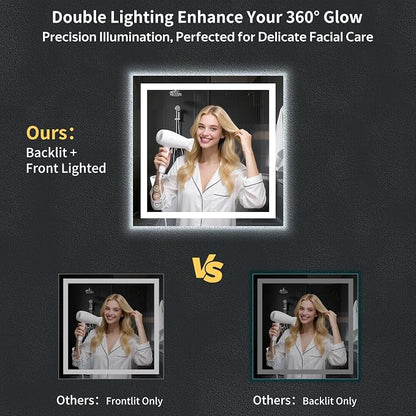 32"x32" LED Bathroom Mirror with Lights, Anti-Fog, Backlit+Frontlit | CRI 95, Stepless Dimmable, 3 Colors Lighting, Shatterproof Tempered Glass, HD Reflection, Memory, (Horizontal/Vertical)